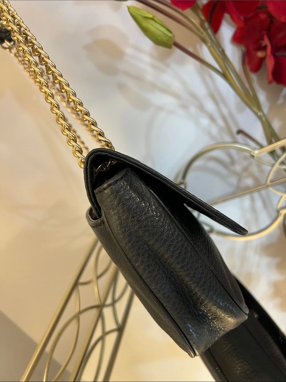 Michael Kors Fulton Flap Black Pebbled Leather Shoulder Bag with Gold Chain